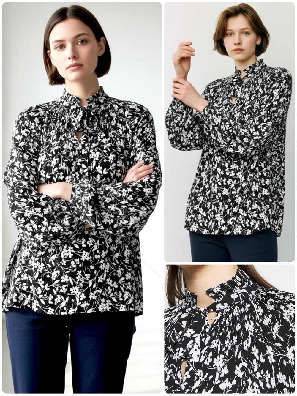 RALPH LAUREN Tie Neck Floral Georgette Blouse Pleating Stand Collar Long Sleeve